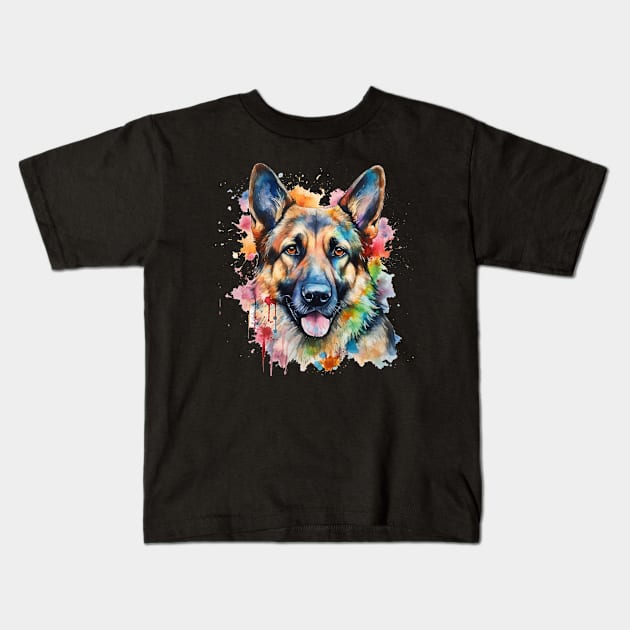 German Shepherd Bright Watercolor Kids T-Shirt by nonbeenarydesigns